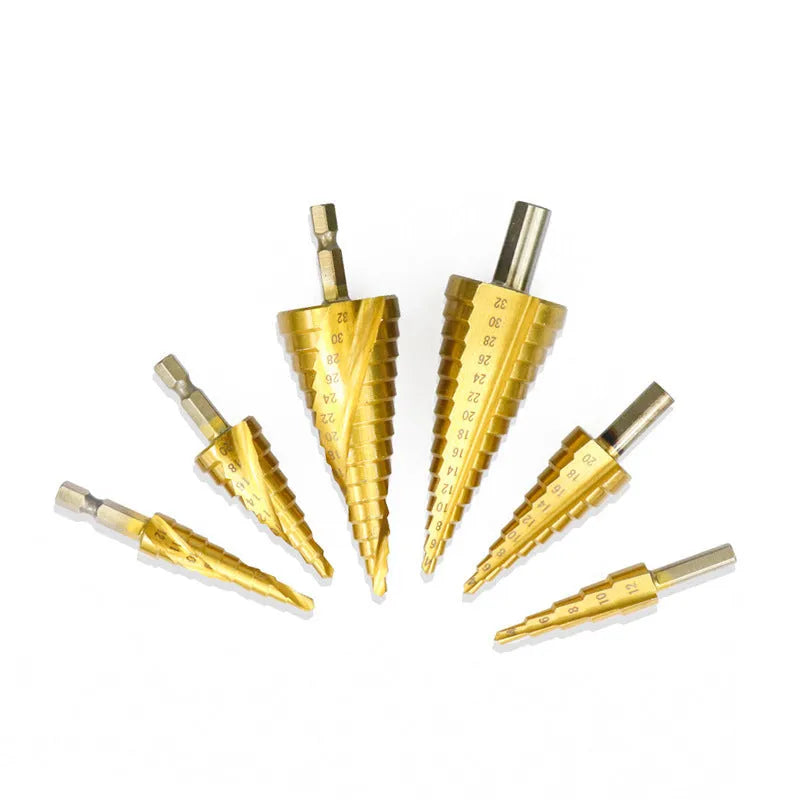 Cone step drill bit set with centre punch in high-speed steel for metalworking projects