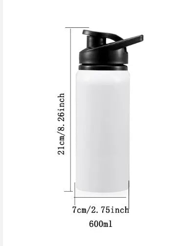 White aluminium sports water bottle shown in 600ml and 750ml capacity options.