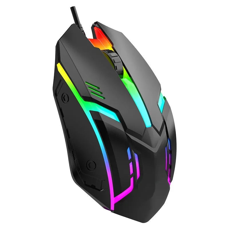 Large weighted wired USB gaming mouse in black, with ergonomic shape and scroll wheel
