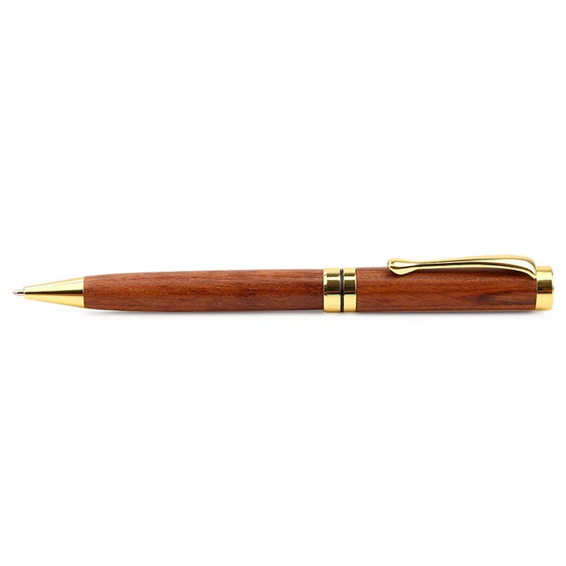Wooden metal ballpoint pen with rosewood barrel on desk surface, 14cm length, gold colour option