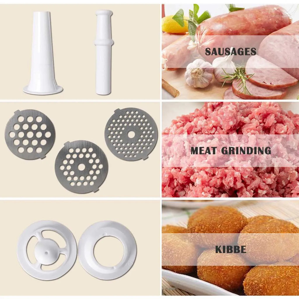 Red electric meat grinder with 800W motor and food grade aluminium alloy body on kitchen counter