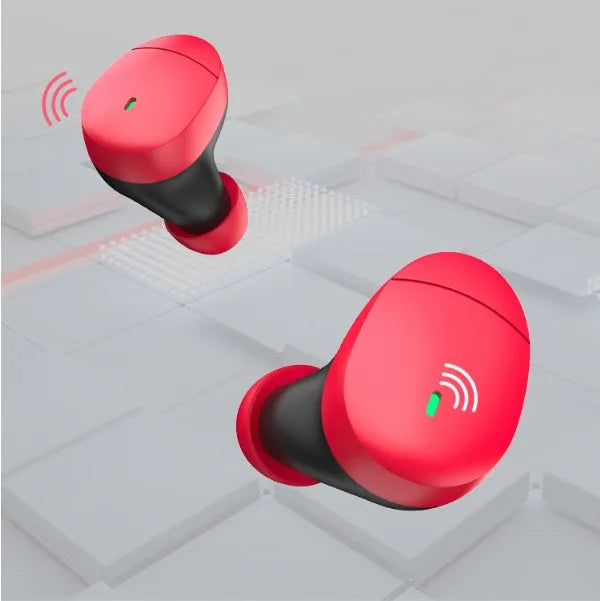 Flame red Qualcomm Bluetooth 5.2 wireless headset with earplug design and charging cable