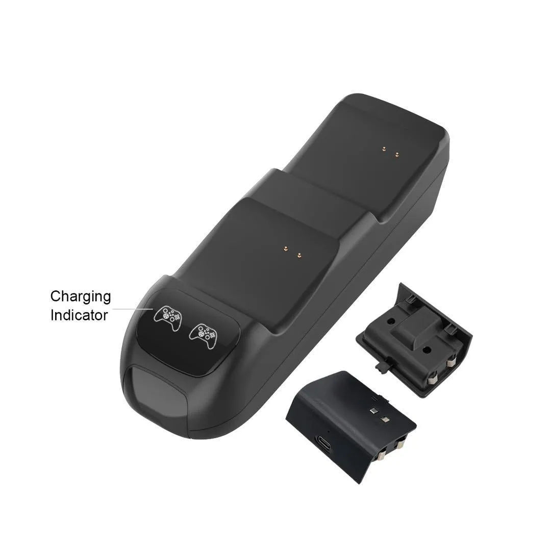 Black Xbox Series X/S dual controller charging station with LED lights and two battery packs on dock.