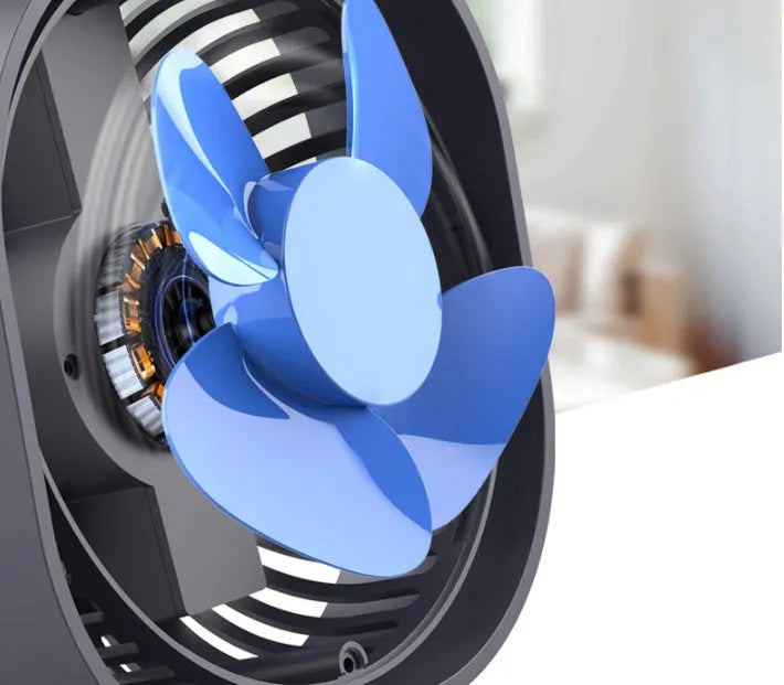 USB desk fan with alarm clock showing 360-degree rotation, in blue colour.
