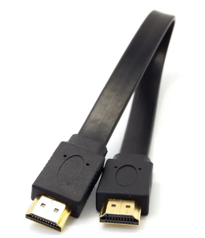 Flat plug HDMI cable shown at different lengths for TV and computer monitor connection.