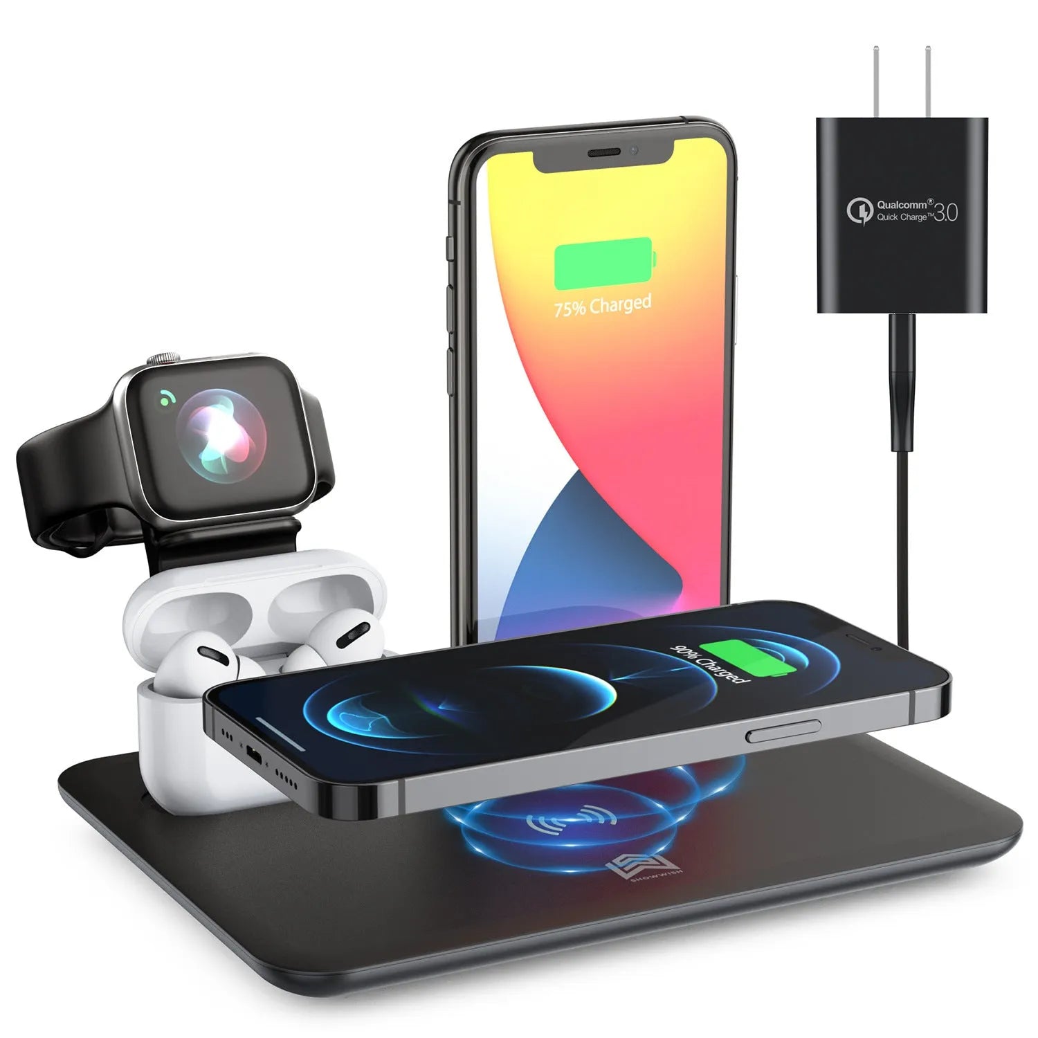 Black wireless charging desk bracket with phone on Qi pad, watch and headphones connected to wired charging ports