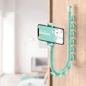 Black flexible rubber phone holder with long 62cm arm and suction cup, holding a mobile phone at an angle.