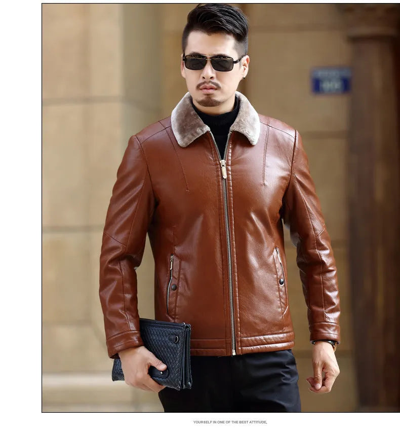 PU leather jacket coat for men in Army Green with snap button front and multiple pockets, Asian sizing