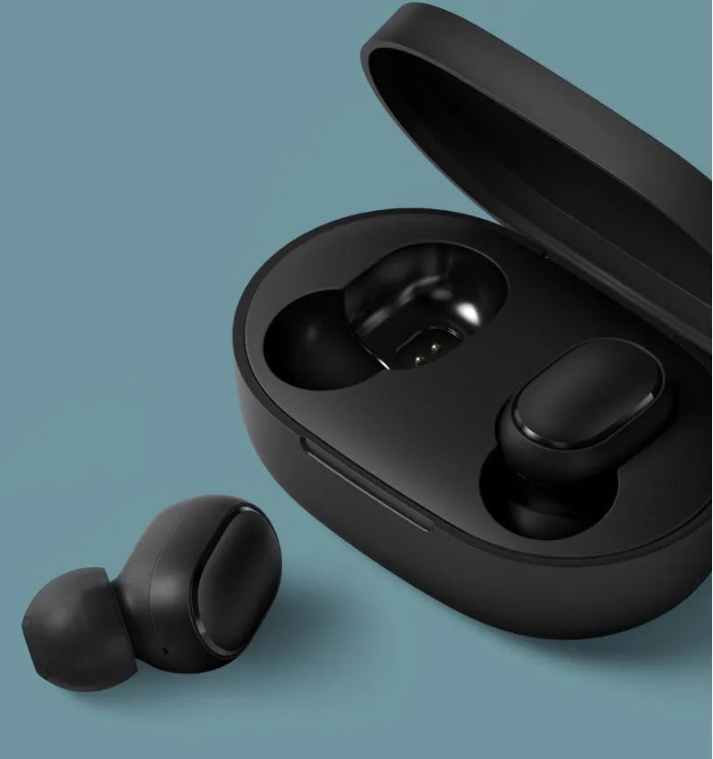 Redmi AirDots black true wireless earbuds with charging case.