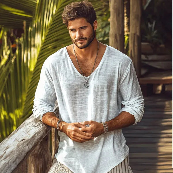Beige V-neck long-sleeved slim fit t-shirt made from a hemp-blend fabric