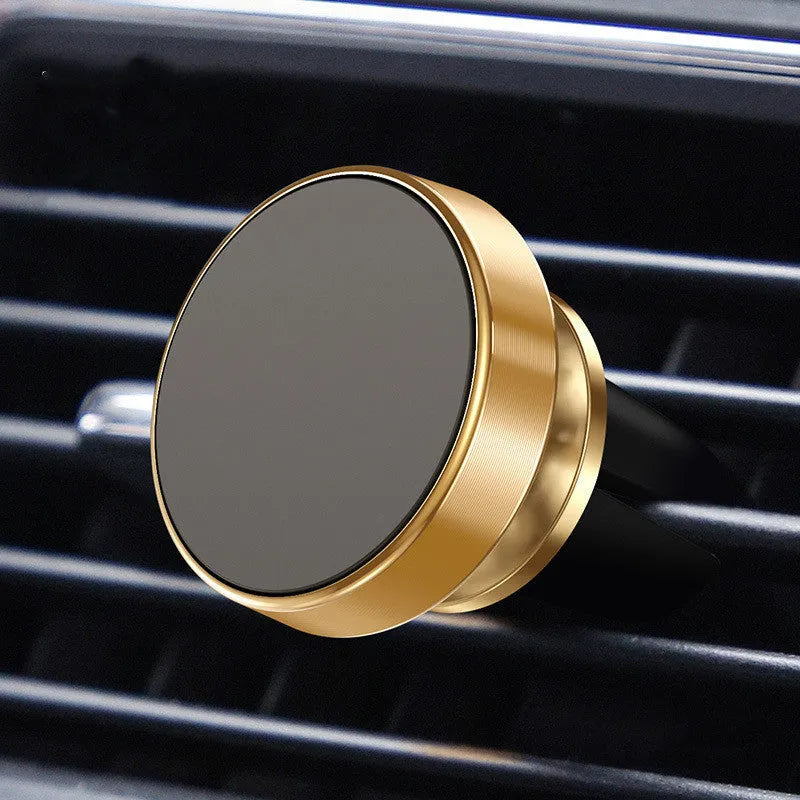 Magnetic car phone holder in aluminium alloy with CD texture, shown in black, gold, and silver colours.