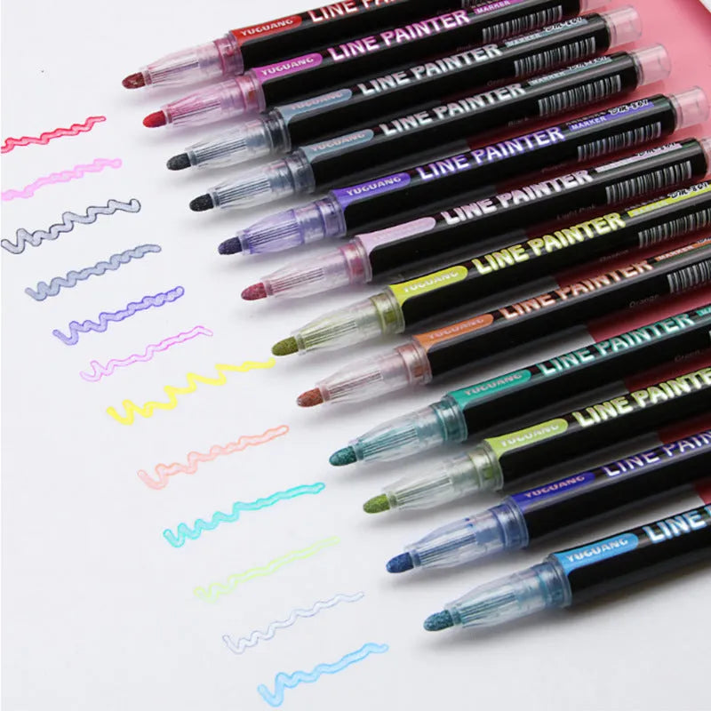 Set of 12 double line outline pens in various colours, each 13cm long.