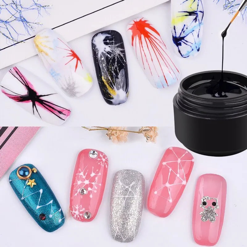 Set of six 5ml nail art elastic drawing gum bottles in black, white, blue, red, glitter gold, glitter silver