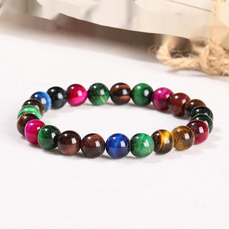 Women's colourful tiger eye gemstone bracelet with round beads in 6mm, 8mm, 10mm, and 12mm sizes