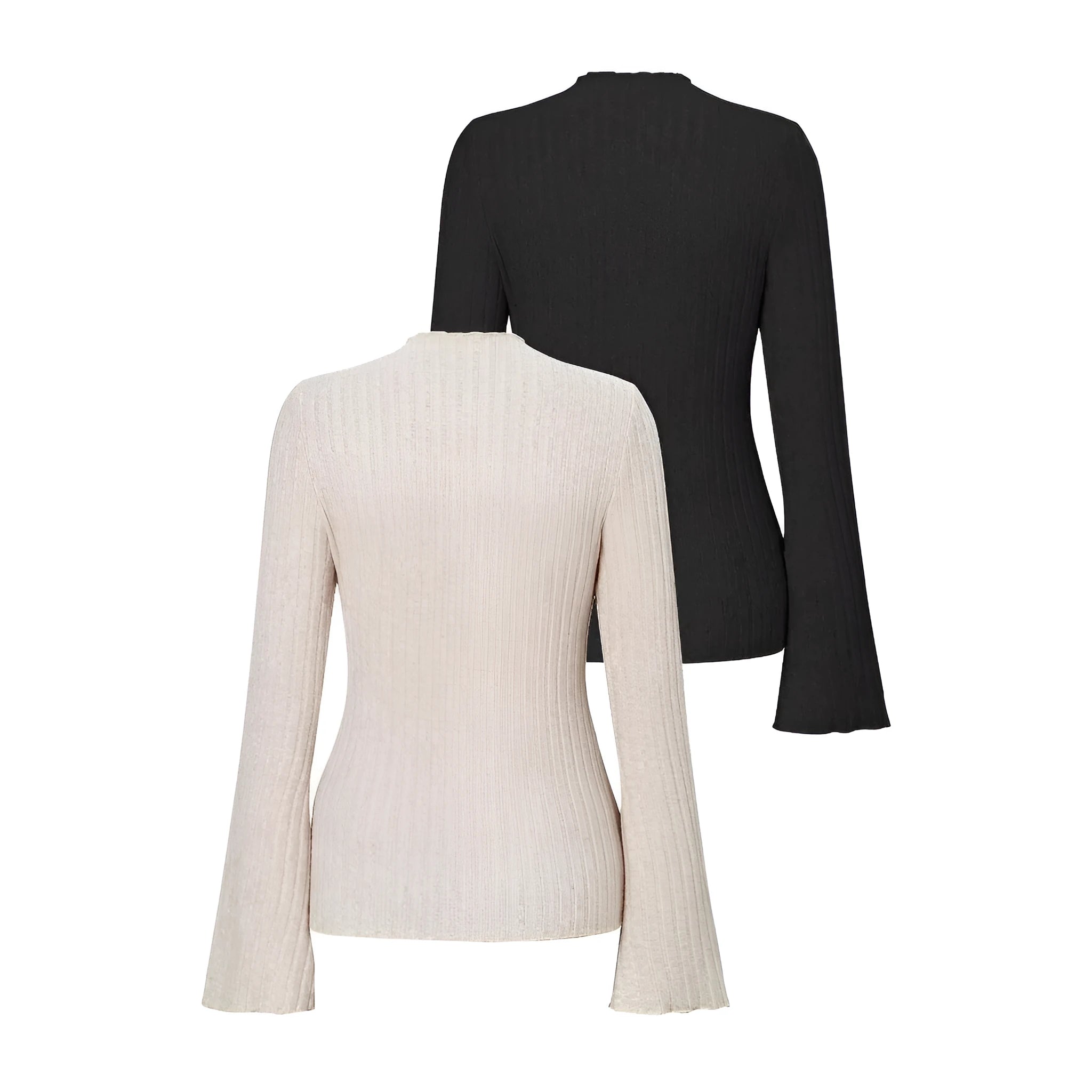 Long sleeve round neck top with lantern sleeves in brushed polyester fabric, black colour with sunken stripe pattern