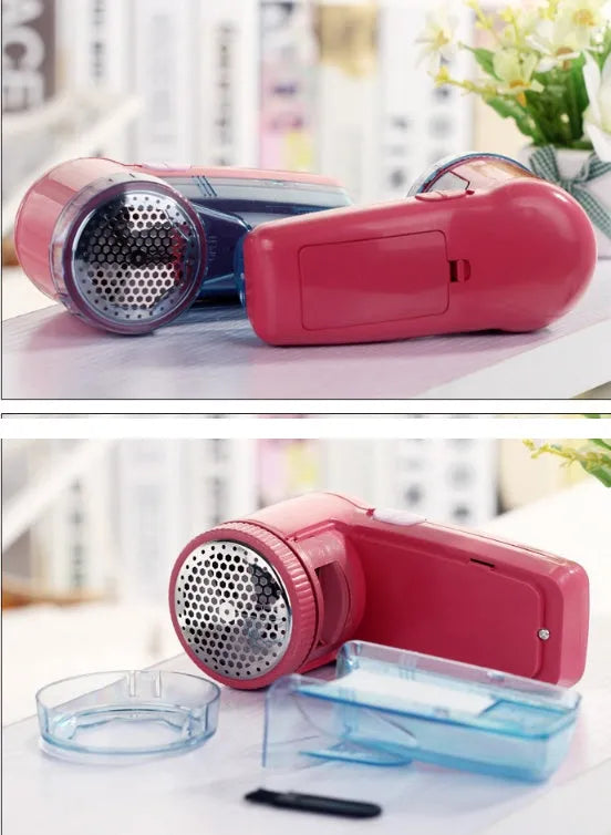 Portable electric clothing lint remover with compact rectangular design showing dimensions