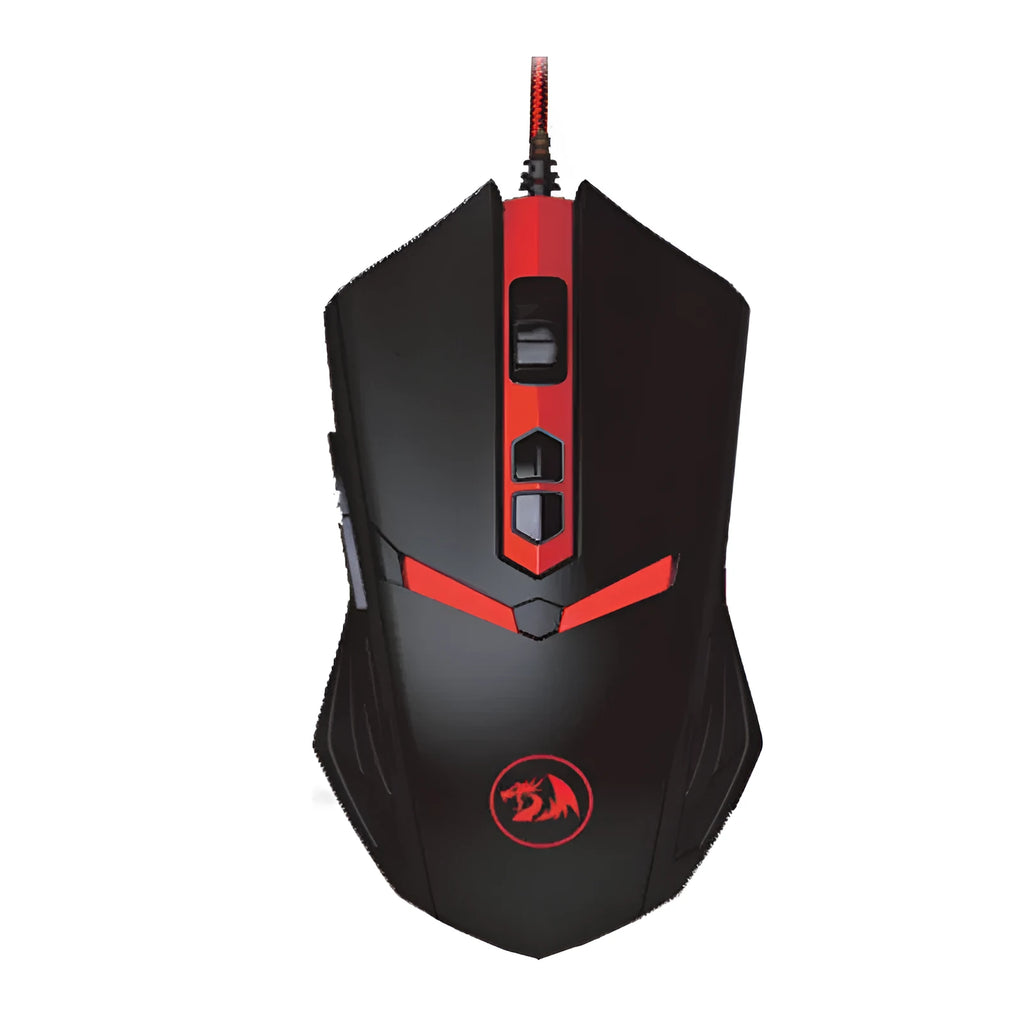 Black and red USB wired optical computer mouse on a desktop