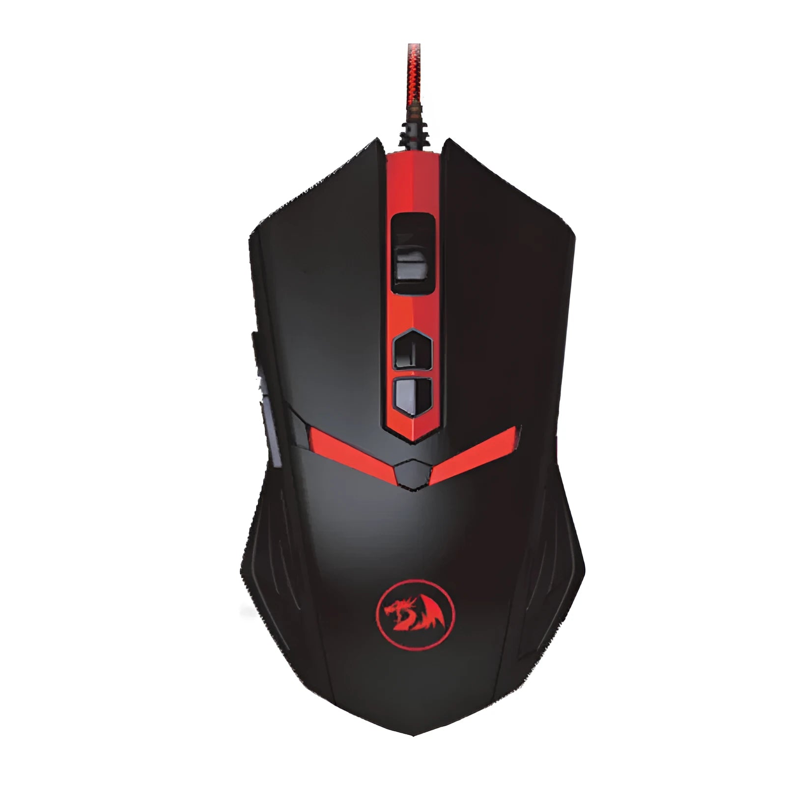 Black and red USB wired optical computer mouse on a desktop