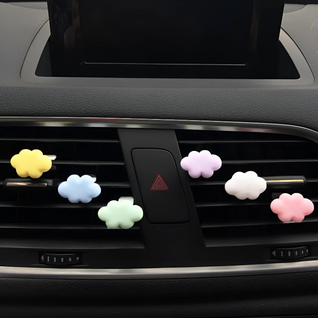 Resin car fragrance clip with cartoon cloud design in six colour options for vehicle air vents