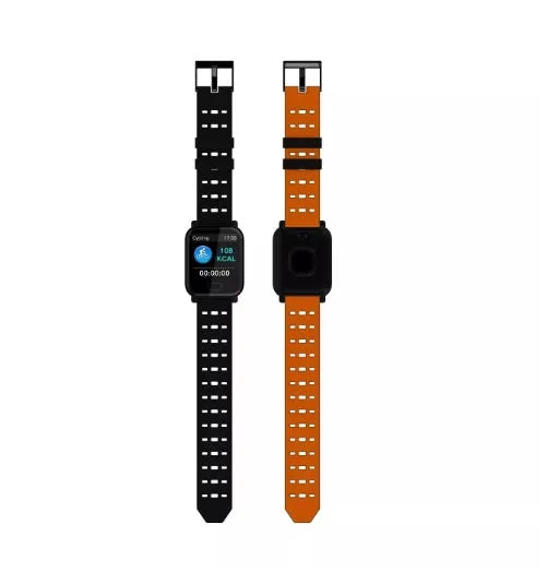 A6 smart bracelet with colour screen and silicone strap in black, blue, or orange.