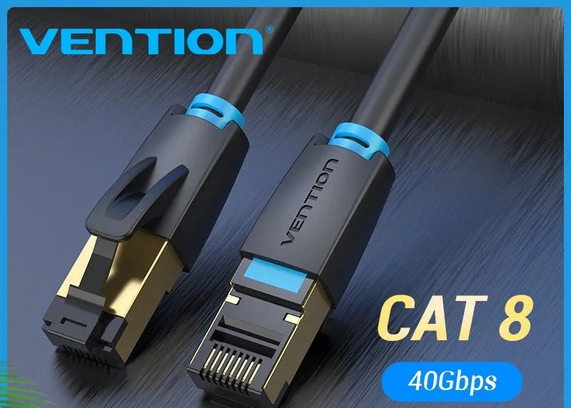 CAT8 shielded flat and round ethernet cable with RJ45 connectors for 10G gaming and home networks.