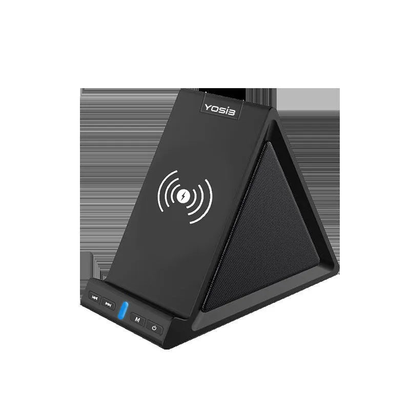 Black multifunctional Bluetooth speaker with integrated wireless charging pad and phone stand.