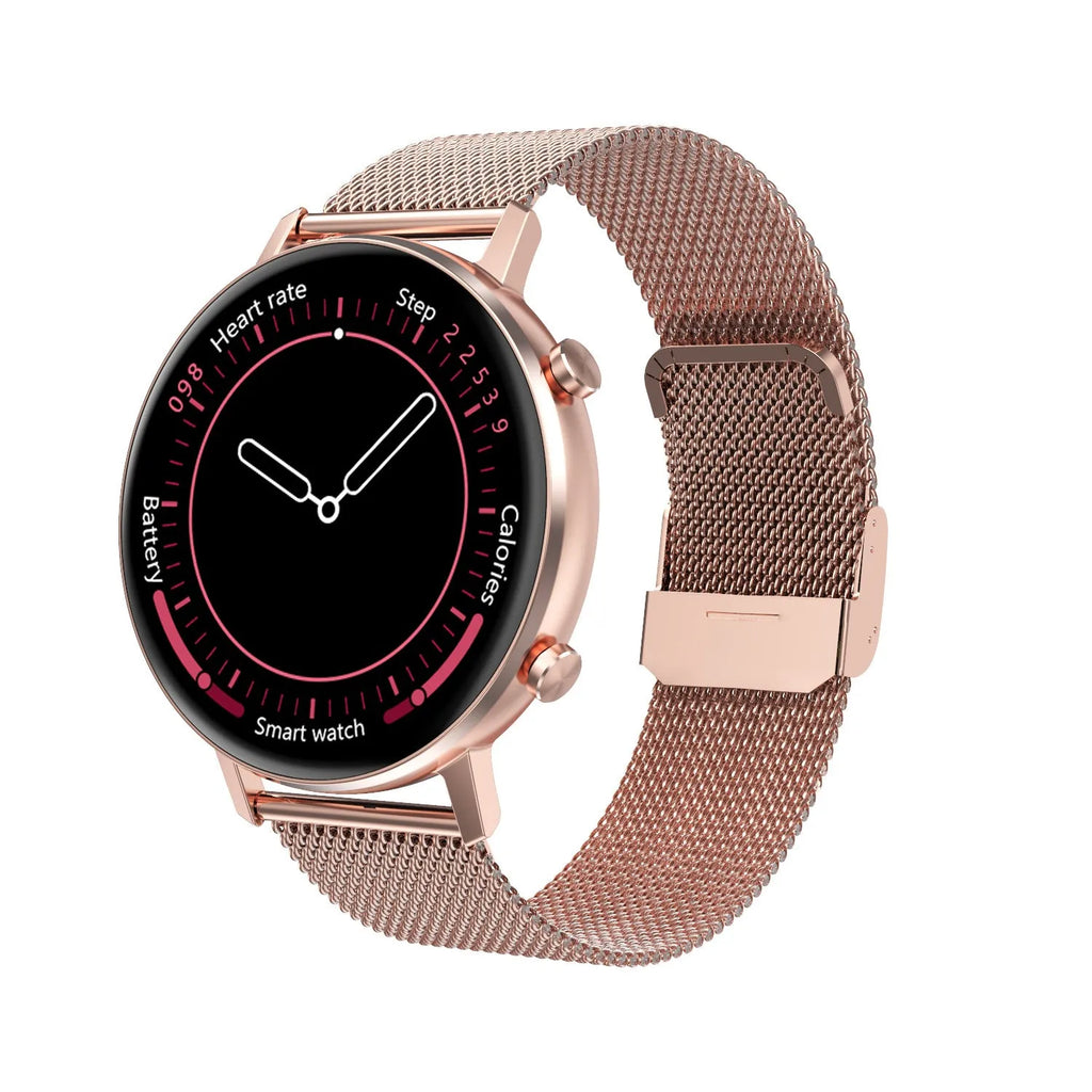 DT96 smart bracelet with 1.3-inch screen on a steel strap, shown in silver.