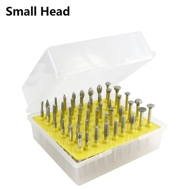 Set of two alloy grinding heads with emery coating and 3mm shanks for rotary tools.