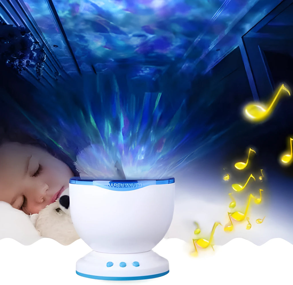 Blue ocean theme LED projection lamp with DLP correction on a surface.