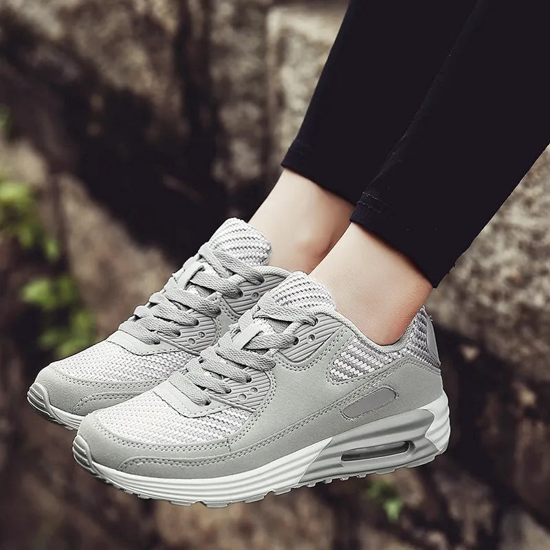 Women's casual shoes with a low heel in beige, grey, and pink colour options showing size chart.