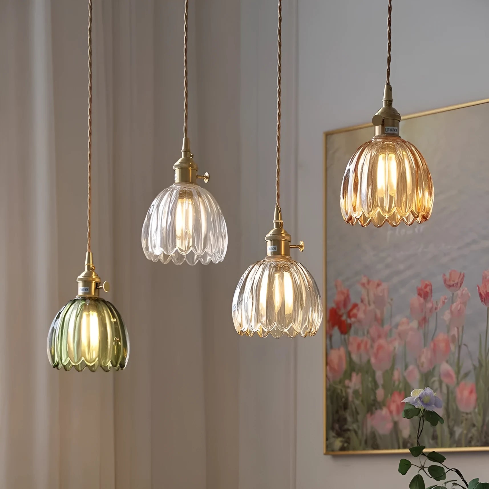 Vintage Nordic style glass flower chandelier with coloured glass shades for bedroom bedside lighting