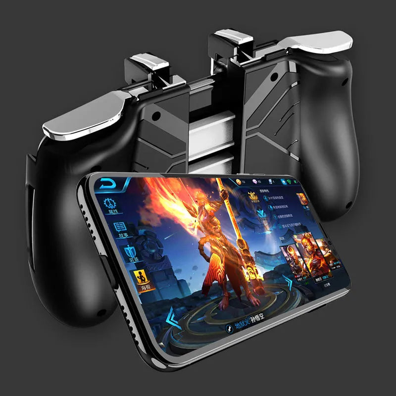 Black telescopic mobile game handle clipped onto a smartphone, showing left and right grip.