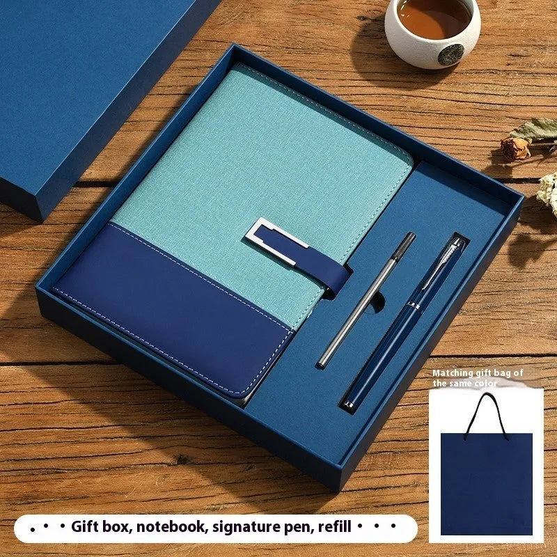 A5 business notebook with PU leather cover in brown, black, green, blue, or red, alongside a luxury gift box.