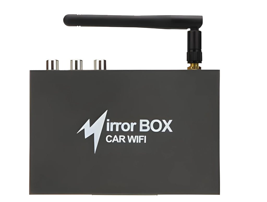 Black car mirror link box Wi-Fi converter with power cable, antenna, AV cable, and manual for smartphone car entertainment