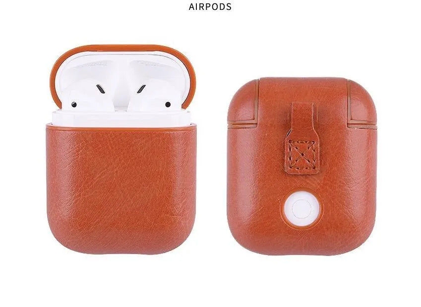 Leather protective pouch case for Apple Airpods in black, brown, light brown, and red colour options.