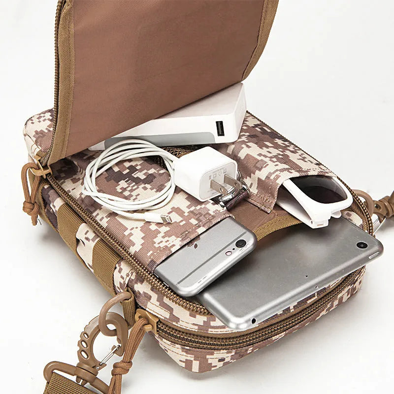 Tactical Molle crossbody bag in 800D Oxford fabric with front sub-bags and cache system for camping hiking trekking