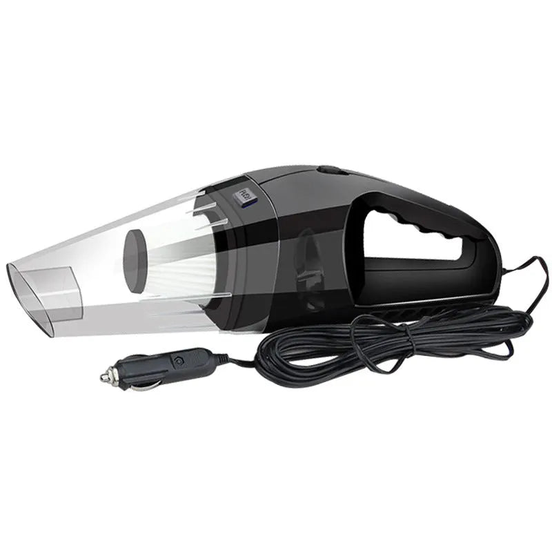 Orange handheld 12V car vacuum cleaner with nozzle attachments next to a car interior.