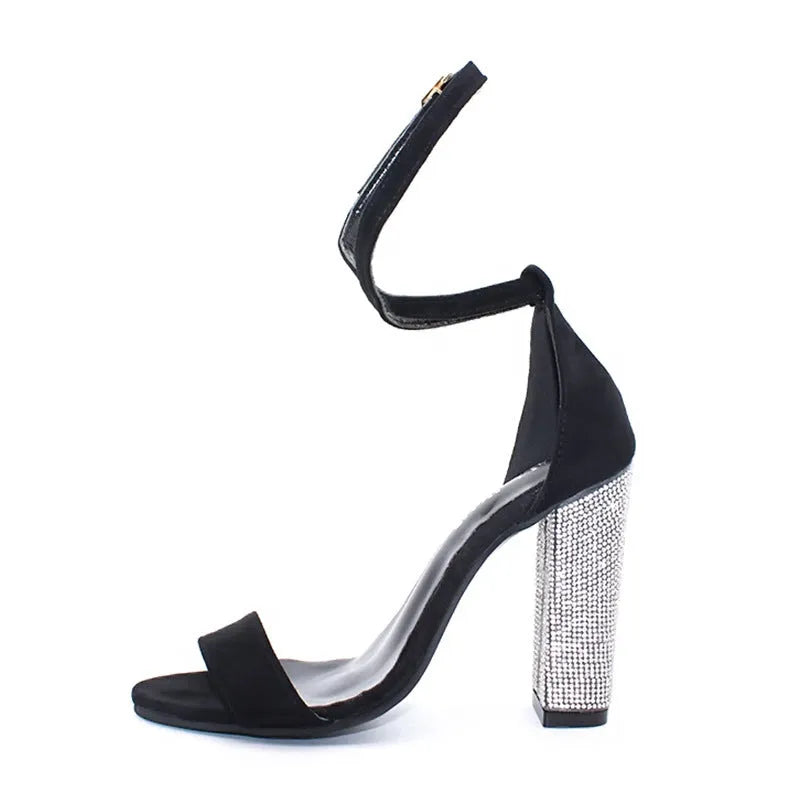 Rhinestone high heel sandals with cloth upper and rubber sole in black