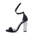 Rhinestone high heel sandals with cloth upper and rubber sole in black