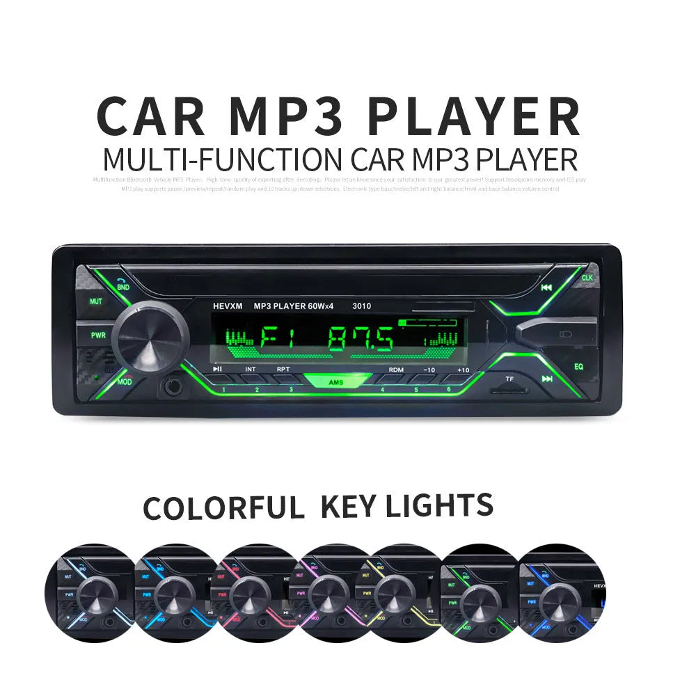 Front view of a car stereo with LCD display, control knobs, USB port, and card slot.