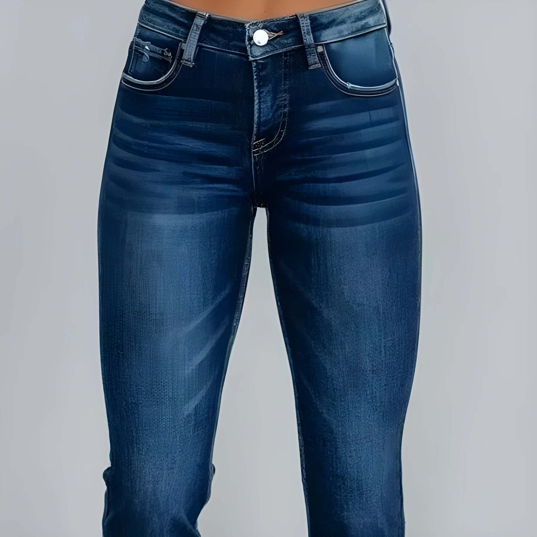 Women's casual denim trousers in dark blue or light blue with hand-worn detailing and five-pocket design
