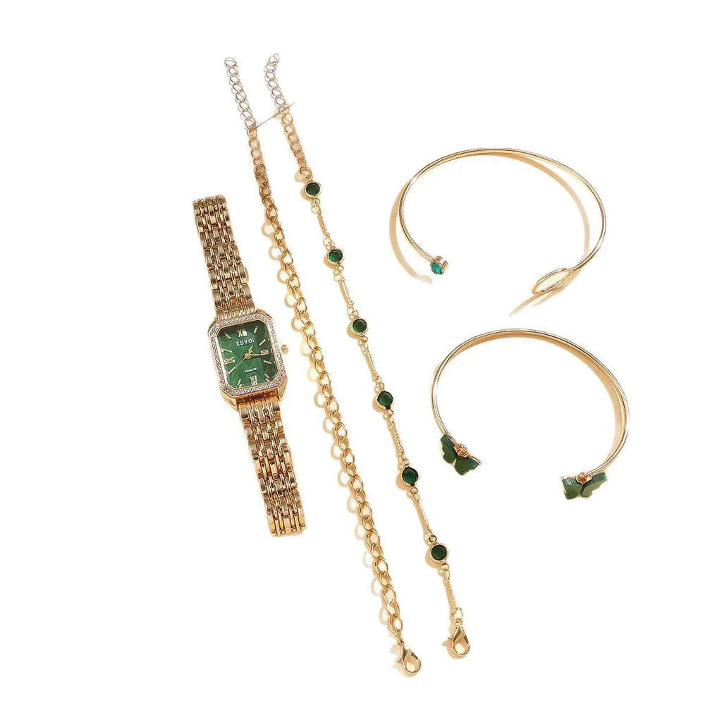 Gold green square dial women's watch with four matching alloy bracelets featuring jewellery buckle closures