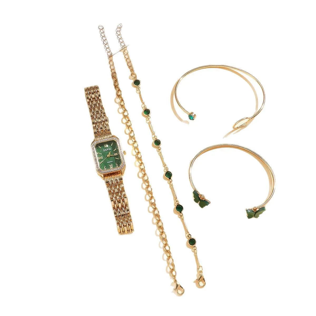 Gold green square dial women's watch with four matching alloy bracelets featuring jewellery buckle closures