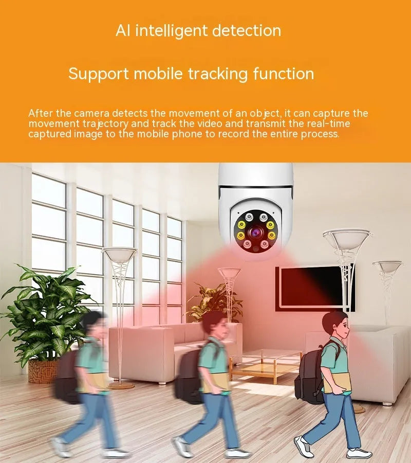 White wireless bulb security camera showing dimensions of 5cm by 12cm for indoor and outdoor use.
