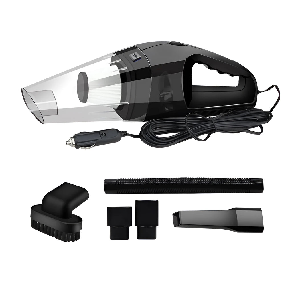 Orange handheld 12V car vacuum cleaner with nozzle attachments next to a car interior.