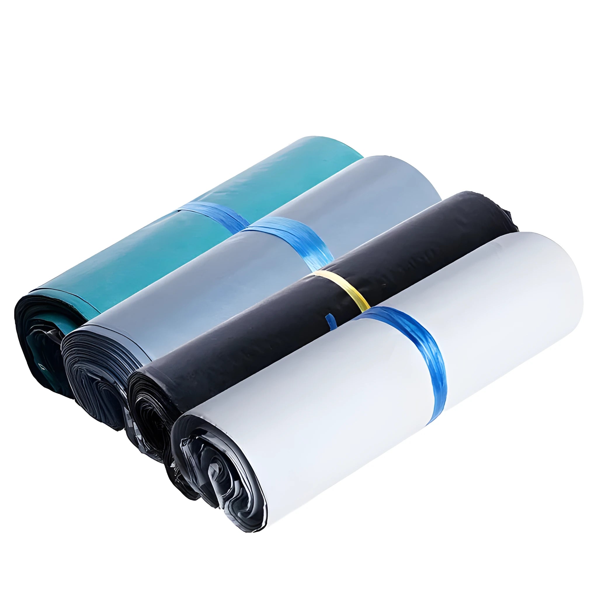 Bundle of 100 clear PE plastic courier clothing bags in multiple sizes with adhesive sticker seals.