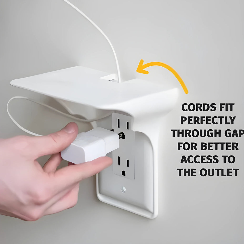 White polypropylene plastic socket organiser rack for storing electrical sockets and power strips.
