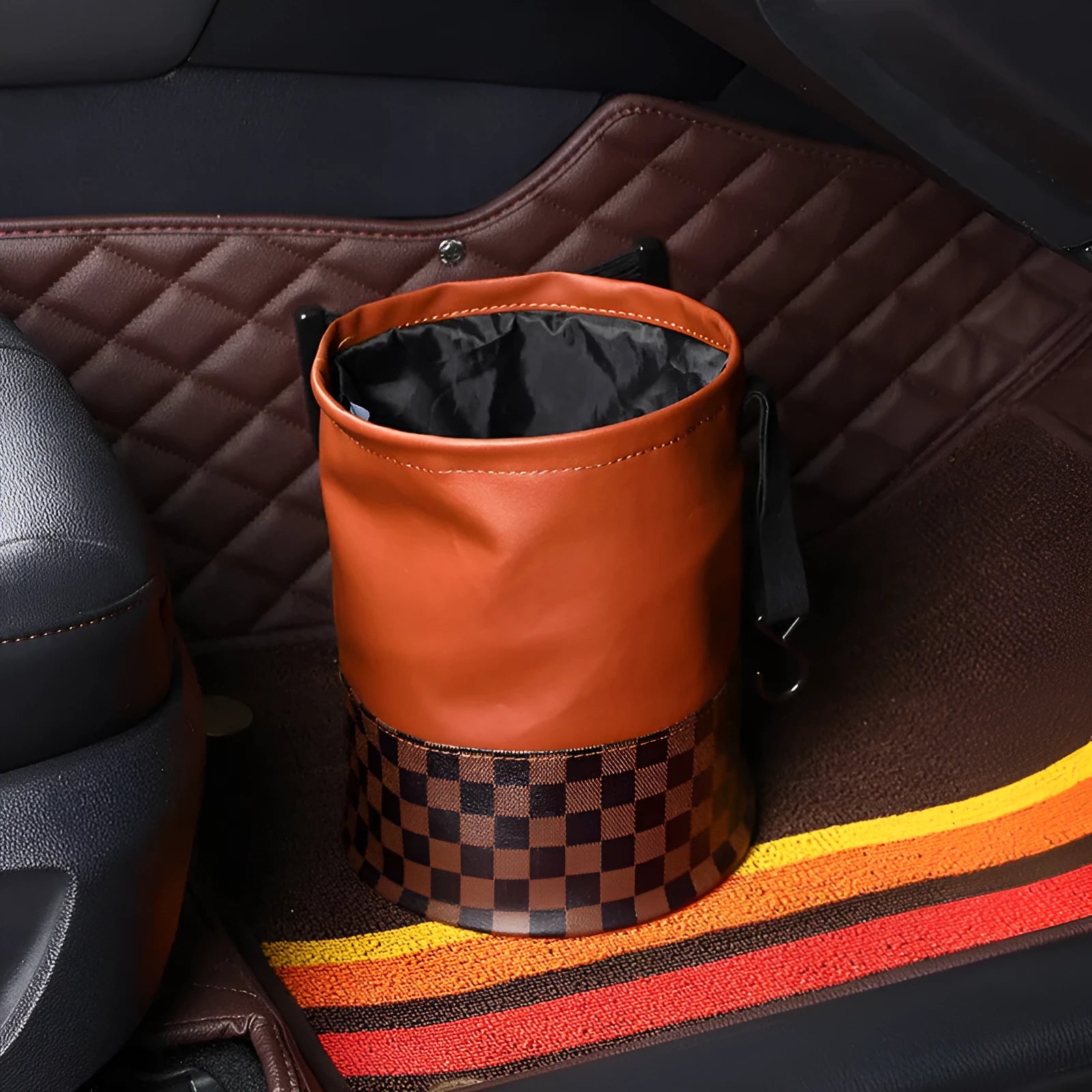 Leather retractable folding car trash can with handle