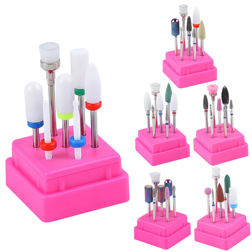 Set of seven tungsten steel nail drill polishing heads and brush in a transparent storage case.