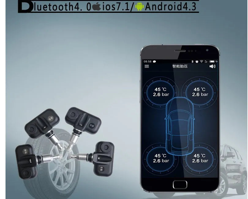 Bluetooth wireless tyre pressure monitoring system with external sensor and smartphone app display showing pressure and temperature